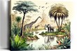 African tropical rainforest scene depicted in a 3D watercolor painting with trees close to a river and giraffes. Generative Ai