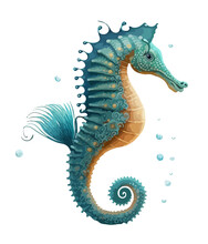 Blue Cartoon Seahorse Isolated On White Background. Vector Illustration, Print For Background, Print On Fabric, Paper, Wallpaper, Packaging.