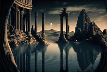 4K Resolution Or Higher, The Big Silence. Ancient Ruins. Water Pools. Generative AI Technology