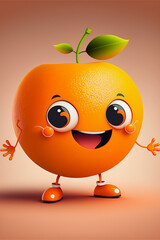 ai generated midjourney illustration of an orange with laughing face, big eyes, arms and legs