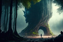  A Man Standing In Front Of A Giant Tree In A Forest With A Giant Face On It's Trunk.