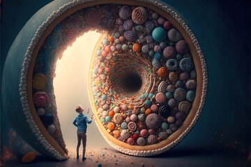  a man standing in front of a giant object with a giant hole in it's center and a giant amount of buttons all over it. Generative AI