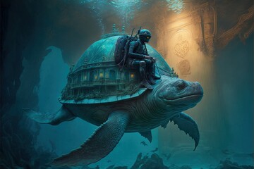  a man riding on top of a turtle under water in a cave with a building on top of it. Generative AI