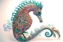  A Sea Horse Is Standing On Its Hind Legs And Has A Spirally Tail And Tail Like Pattern On Its Body.
