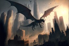  A Dragon Flying Over A City In A Fantasy Setting With Skyscrapers And Birds Flying Overhead In The Sky.