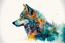  A Wolf Is Shown In A Watercolor Painting Style With A White Background And A Blue Sky Behind It.