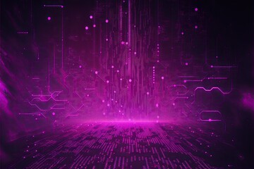 Abstract technology background with data and code patterns in shades of purple and pink