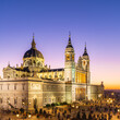 Madrid, Spain 28-12-2022 The Almudena Cathedral during a colorful sunset, it is the most important and Catholic religious building in Madrid and a visit is free of charge except for the crypt 