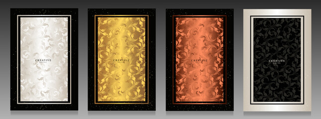 Wall Mural - Elegant metallic cover set. Gold, copper, white and black abstract floral pattern with delicate glitter. Modern botanical design with frame.