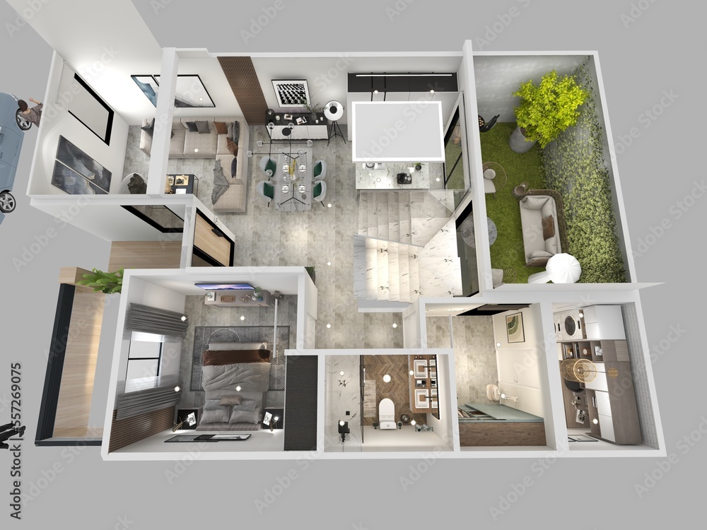 PLANOS 3D DE CASA MODERNA DE LUJO Stock Illustration | Adobe Stock