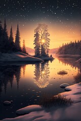 Wall Mural - A beautiful winter wonderland at sunset with a lake and trees covered in snow.