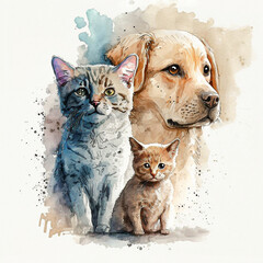 Cute animal portrait set with a cat, kitten and labrador dog. Watercolor illustration created with Generative Ai technology