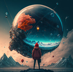 Wall Mural - Man looking towards giant globe made by Generative AI