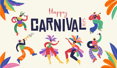 Wall Mural - Happy Carnival, Brazil, South America Carnival with samba dancers and musicians. Festival and Circus event design with funny artists, dancers, musicians and clowns. Colorful background with splashes