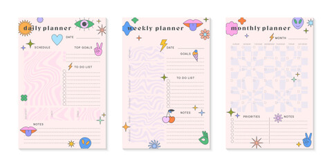 Vector daily,weekly,monthly planners templates with y2k patches,icons and emblems.Organizer and schedule with place for notes; goals and to do list.Trendy layouts in 90s groovy aesthetic.