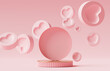 © kopikoo - 3D podium display. Pastel pink background. Round frame for text or cosmetic product presentation. Abstract hearts. Valentines day or woman's day 3D render mockup. Love concept.