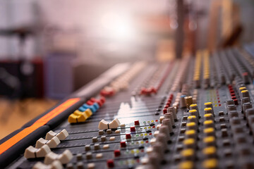 Mixing console for mixing audio signals. Professional musical instrument for recording studio