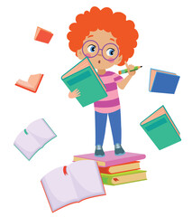 Sticker - cute little student with books