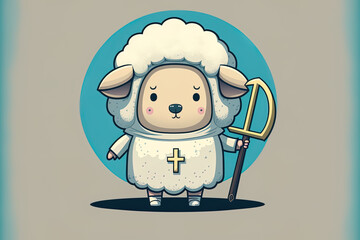 Wall Mural - The sheep cartoon figure is shielded by Jesus Christ. Illustration of an adorable mascot. Generative AI