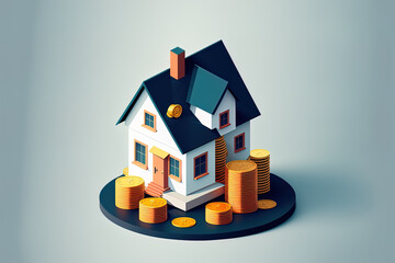 Wall Mural - coin stack and real estate s on a white backdrop. Saving money for a mortgage, investing in real estate, and financial property concepts. a little home bank with a stack of money on a blue backd