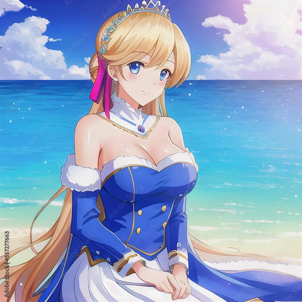 Beautiful anime waifu girl in a princess dress at the ocean. Sea and  sunshine in the background. Generative AI Stock Illustration | Adobe Stock, image size:1000x1000