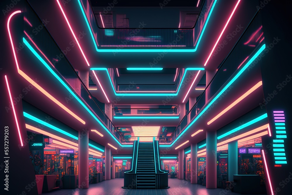 A futuristic mall with bright neon colored neon lights at night with no people, generative ai