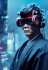 Wall Mural - a portrait of a grandfather in a futuristic cyberpunk style with a cyber headset. the concept of vir