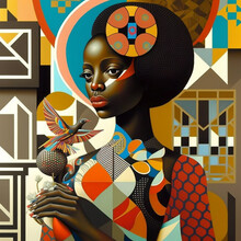 Black Woman Made From Squares, Circles, Alphabets, Poka Dots, Lines, Flowers, And African Patterns, Modern Architecture In The Background, Generative Ai