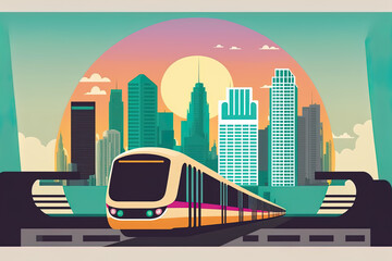 Sticker - Bangkok Cityscape Buildings BTS Sky Train Transportation Thailand. Drawings in format. Generative AI