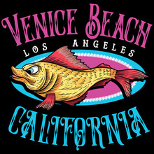 Illustration Vector Cool Fish Text Venice Beach Los Angeles California. Spring Summer Fashion Design.