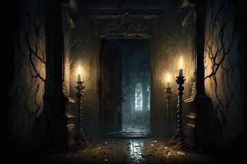 Wall Mural - creepy interior of an abandoned building background, concept art, digital illustration, haunted house, scary interior