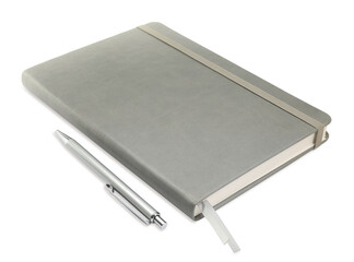 Poster - Closed grey notebook with pen isolated on white