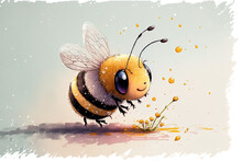 Cute, Amusing, And Inquisitive Bee With Nectar In Watercolor. A Single Image On White. Generative AI