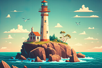 Lighthouse on a sea bound rock island. Illustration of a summertime seaside coast with a structure on a cliff and a beacon in a cartoon style. a seascape including a coastal lantern and a marit