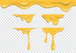 realistic yellow melting cheese liquid flowing on transparent background. spreading liquid cheese cream collection set vector decoration