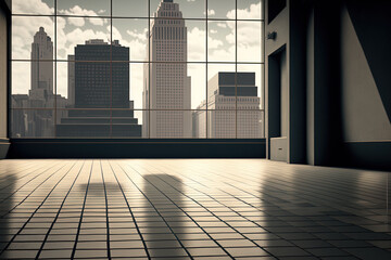 Canvas Print - a blank brick floor with a contemporary cityscape. Generative AI