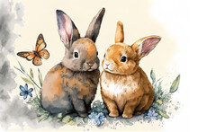 Bunnies With A Butterfly In Their Hair. Wall Decal. Two Adorable Baby Bunnies Painted In Color And Artistically Shown With A Butterfly In A Watercolor Style On A White Backdrop. Electronic Art
