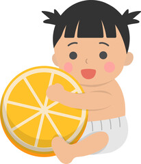 Cute baby with healthy orange, comic cartoon vector character