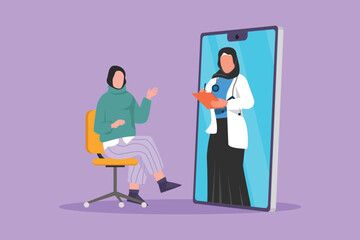 Wall Mural - Graphic flat design drawing Arabian female doctor comes out of smartphone holding clipboard and checking condition of female patient sitting on chair. Online medical. Cartoon style vector illustration