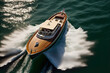 Italian wooden boat with a high price tag and passengers moving quickly on the sea. Aerial shot of a high speed, open, contemporary wooden boat traveling quickly on black sea. Generative AI