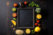 © 2rogan - Over a black blackboard, food elements for a smoothie or drink are placed on painted glass. copy space on the top view. fruits, vegetables, nuts, and seeds that are organic. Clean eating, detox, and v