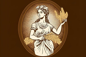 Greek goddess holding wheat in an illustration from ancient Roman mythology. Design templates for beer, bakeries, or cosmetic companies. Generative AI