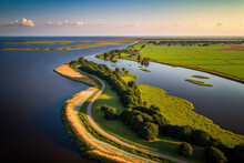Aerial Image Of The Dutch Province Of Overijssel's Coastal Area And IJsselmeer Dike Near Zwarte Water. European Landscape Scene In The Wilderness. Generative AI