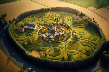 Poland's Krakowkowice hamlet and its lush harvest fields may be seen from above. Generative AI