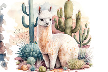 Smooth Watercolor Painting Of A White, Cuddly Llama. Llamas In American Cartoons. Baby Girl Décor, Boho Cactus Textile Design, And Baby Shower Art. Generative AI
