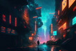 © The 2R Artificiality - Future neon city. In a future metropolis, an industrial area. Cyberpunk inspired wallcoverings. Huge, futuristic structures and neon lights amid a gritty metropolis. Generative AI