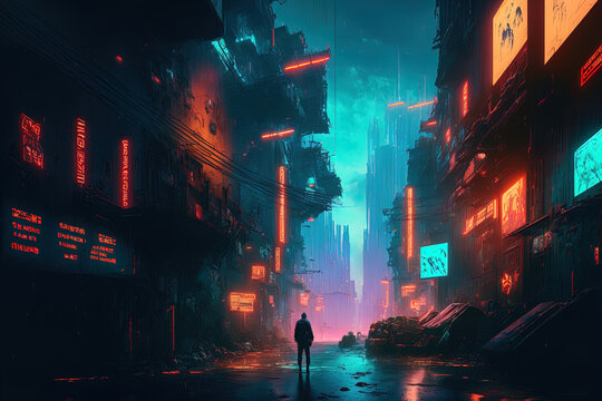 Future neon city. In a future metropolis, an industrial area. Cyberpunk inspired wallcoverings. Huge, futuristic structures and neon lights amid a gritty metropolis. Generative AI