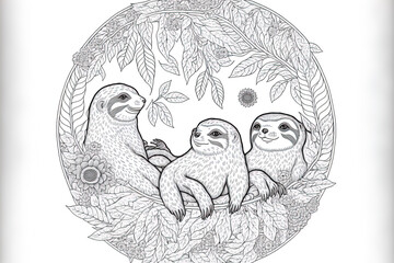 Sticker - Sloths in a funny circular design for coloring books. a based image. Generative AI