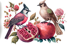 Birds Perched On A Branch Of A Pomegranate With Fruits And Blossoms, Isolated On White, In A Image. Design Element For Halal Cosmetics, Weddings, And Birthdays. Useful For A Scrapbook, Invitati