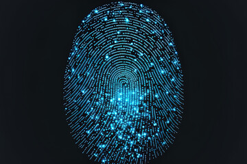 A fingerprint's abstract binary representation. cyberthumbprint blue design made out of glowing numbers. identity verification using biometrics. future digital dactylogram, sensor scan picture